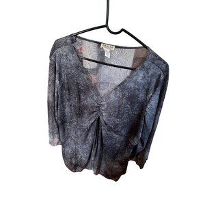 M.K.M. Designs Sheer Black Silver Sparkly Blouse Ruched Front Slit 3X Whimsigoth